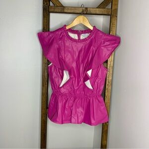 VOY Faux Leather Pink Ruffled Women's Top Size S